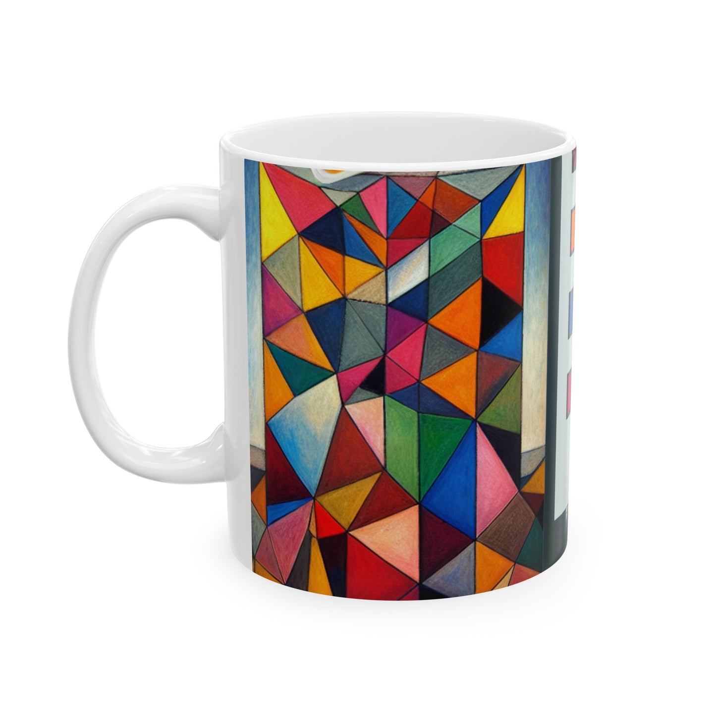 "Metrópoli futurista: un paisaje urbano de cubismo sintético" - La taza de cerámica alienígena Cubismo sintético de 11 oz