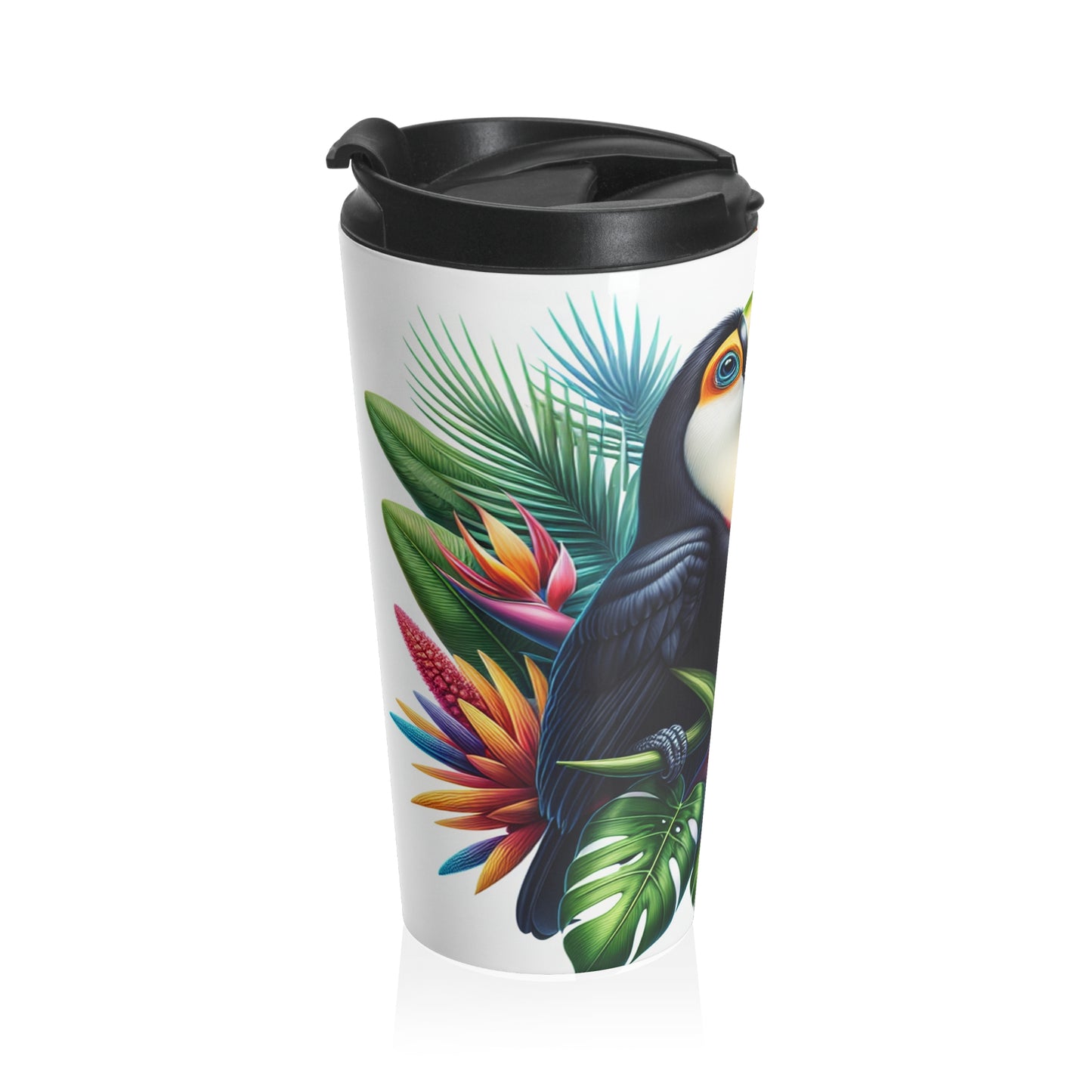 "Toucan on a Tropical Bloom" - The Alien Stainless Steel Travel Mug Hyperrealism Style