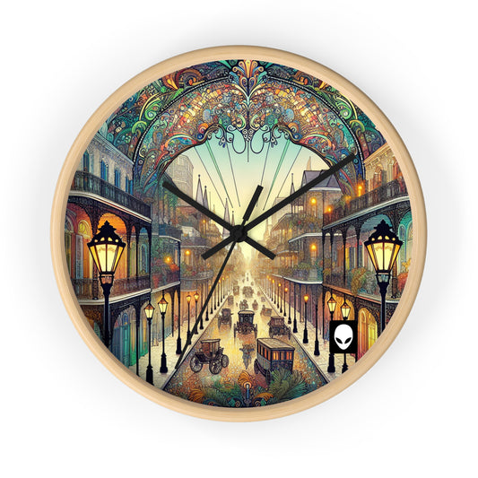 "Vivid Splendor: Una imagen del barrio francés de Nueva Orleans" - El reloj de pared alienígena estilo Art Nouveau