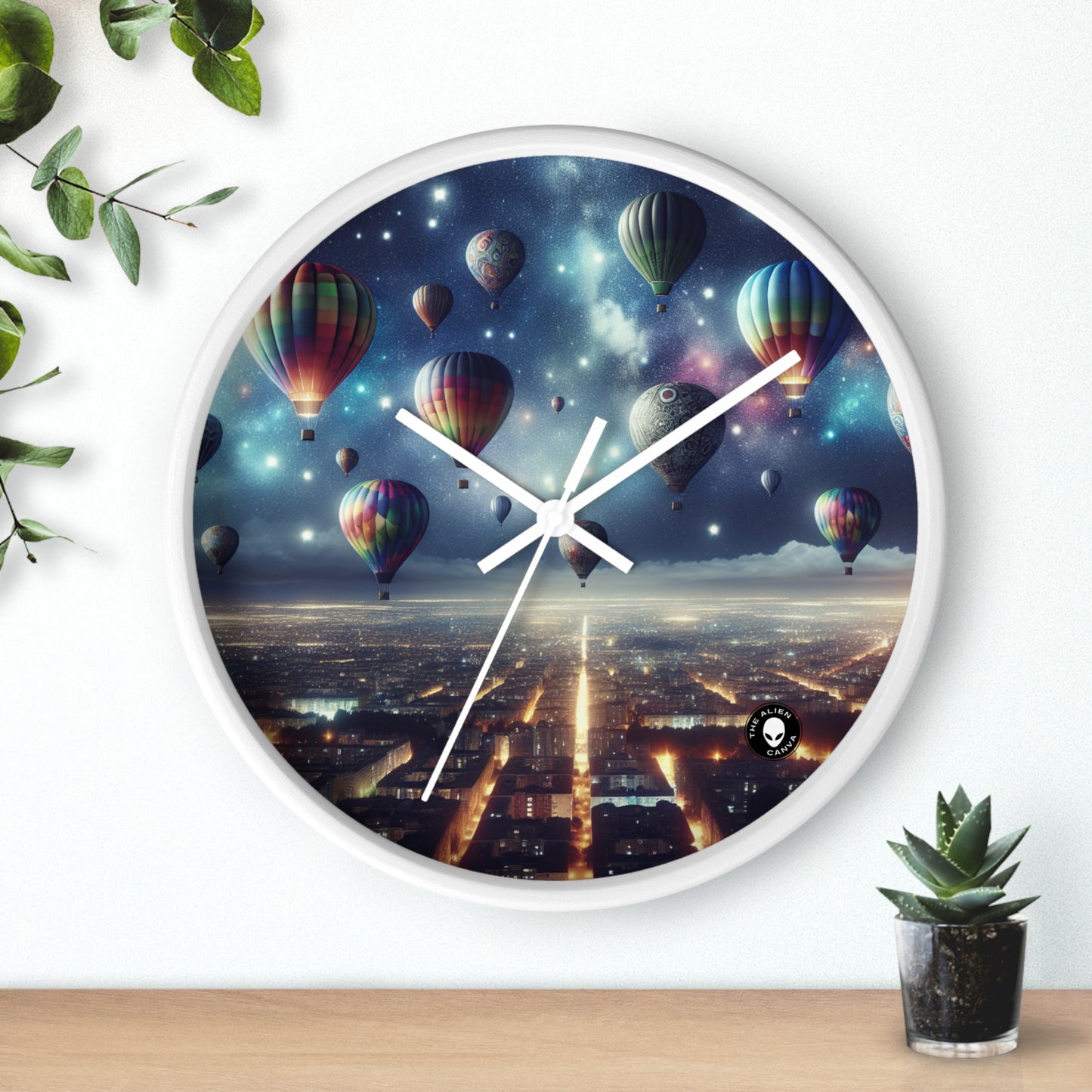 "Viaje nocturno estrellado: globos aerostáticos sobre la ciudad" - El reloj de pared extraterrestre