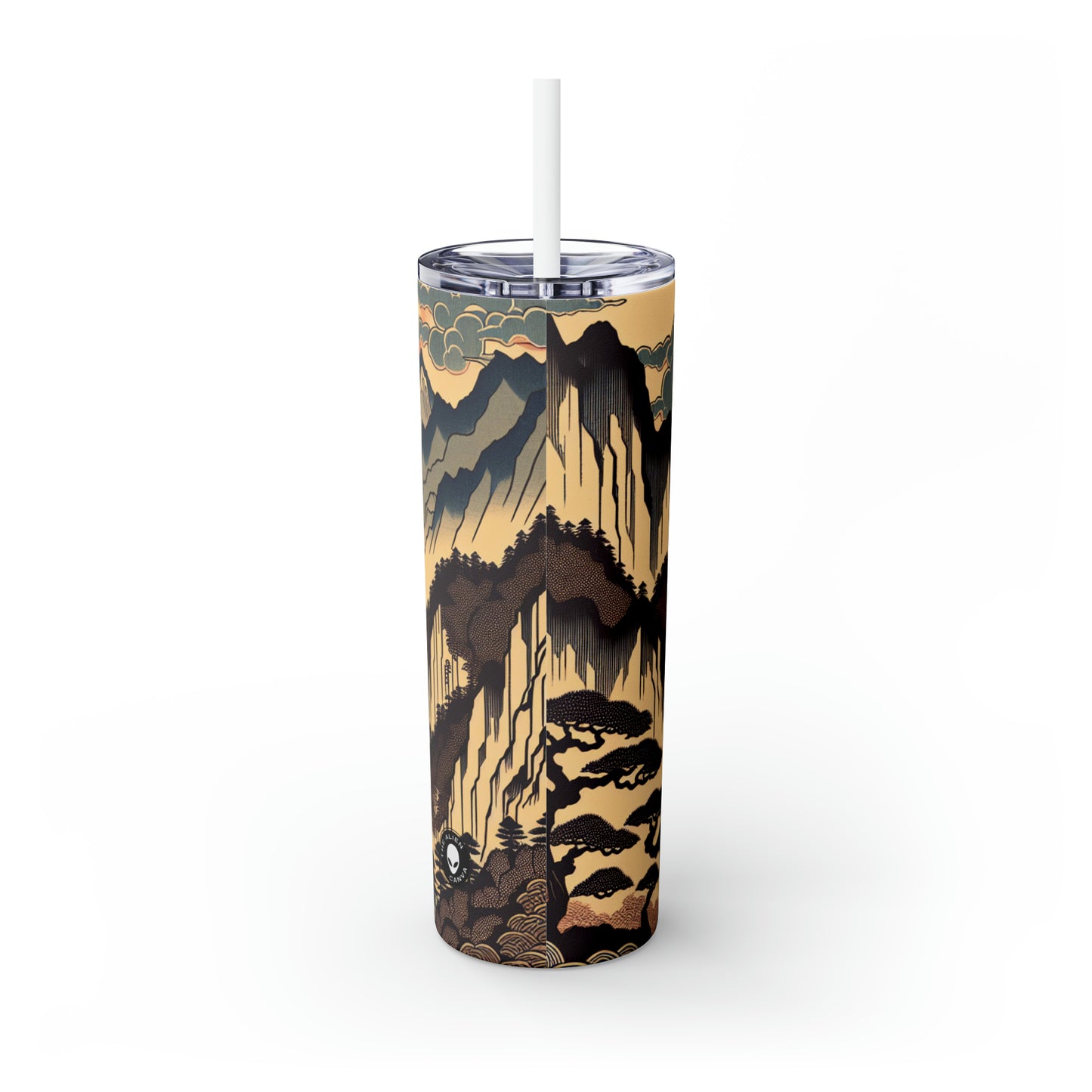 "Sérénité des fleurs de cerisier : un hommage Ukiyo-e captivant à la cérémonie du thé japonaise" - The Alien Maars® Skinny Tumbler with Straw 20oz Ukiyo-e (impression japonaise sur bois)