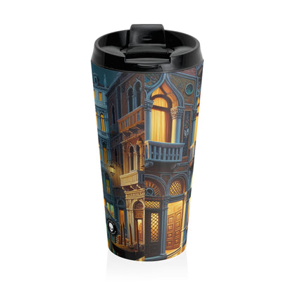 "Noche veneciana: una escena callejera luminosa" - Taza de viaje de acero inoxidable The Alien Venetian School