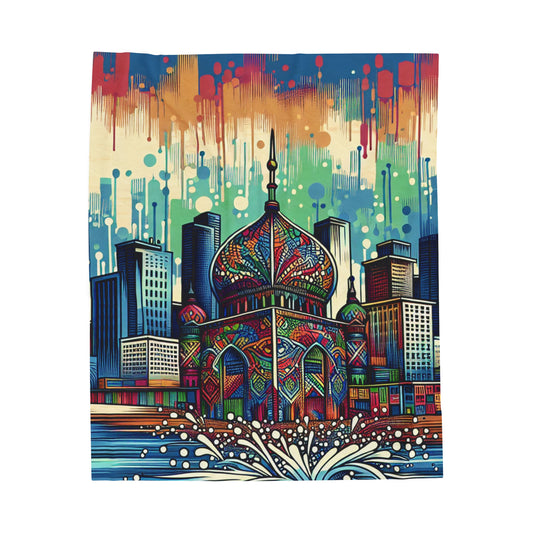 "Ciudad brillante: un toque de color en el horizonte" - La manta de felpa de pana alienígena Arte callejero/estilo graffiti