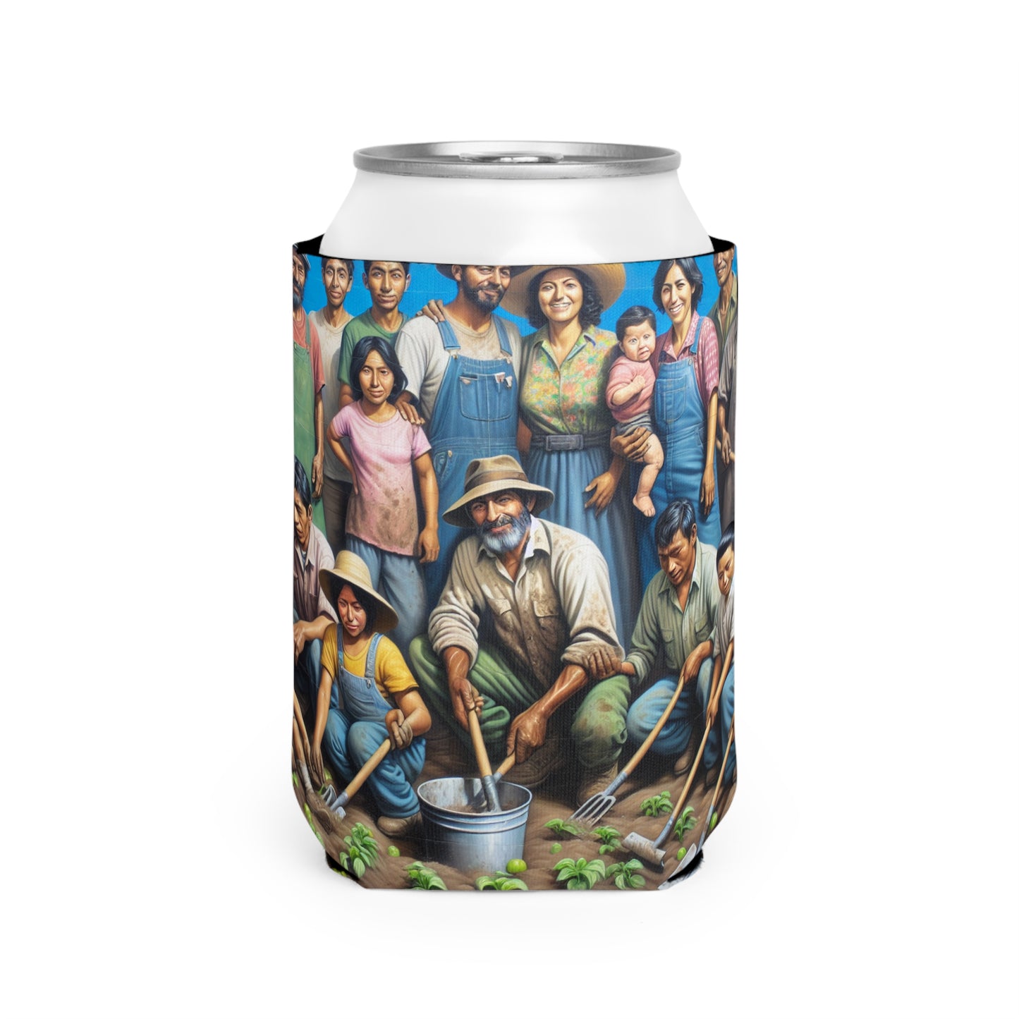 "Reaping Hope: A Migrant Family in the Garden" - The Alien Can Cooler Sleeve Social Realism Style