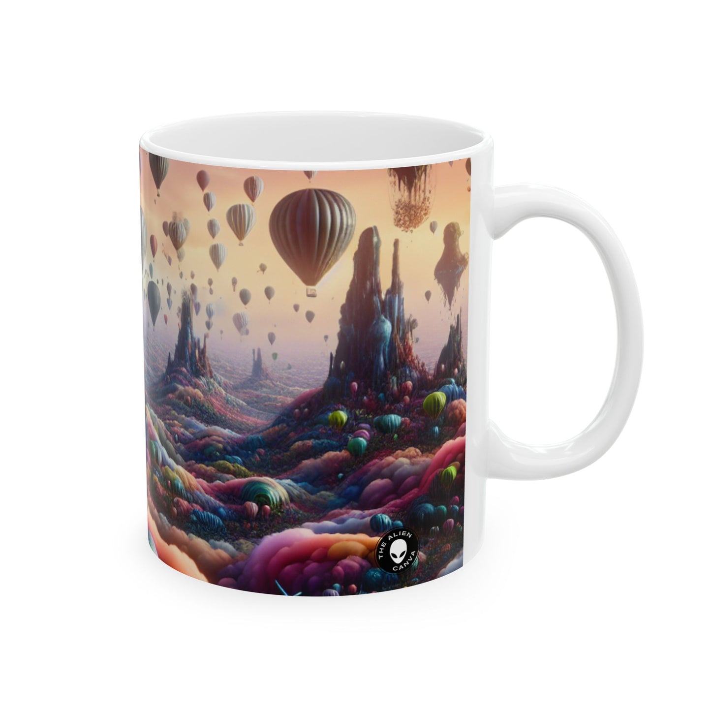 "Whimsical Sky: A Surreal Balloon Adventure" - Taza de cerámica de 11 oz de The Alien