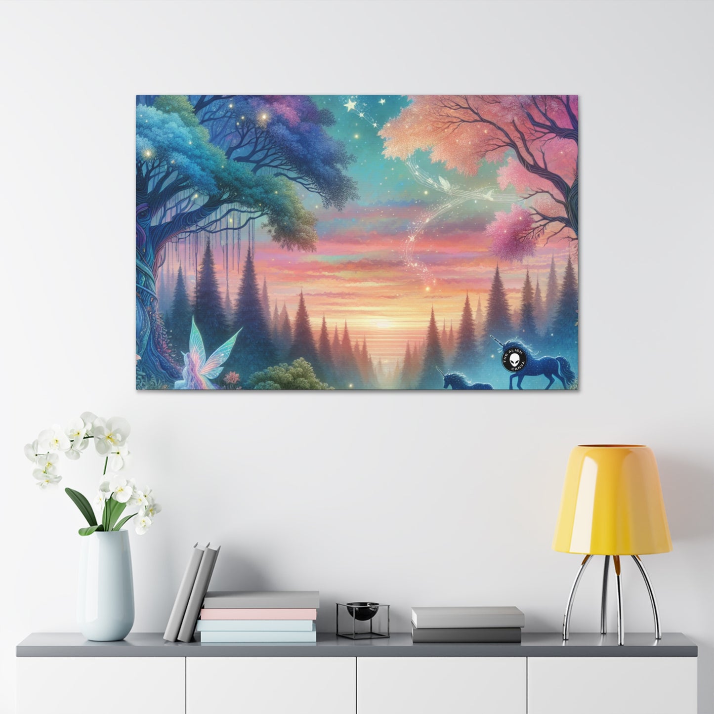 "Atardecer encantado: una pintura de un bosque mágico" - The Alien Canva