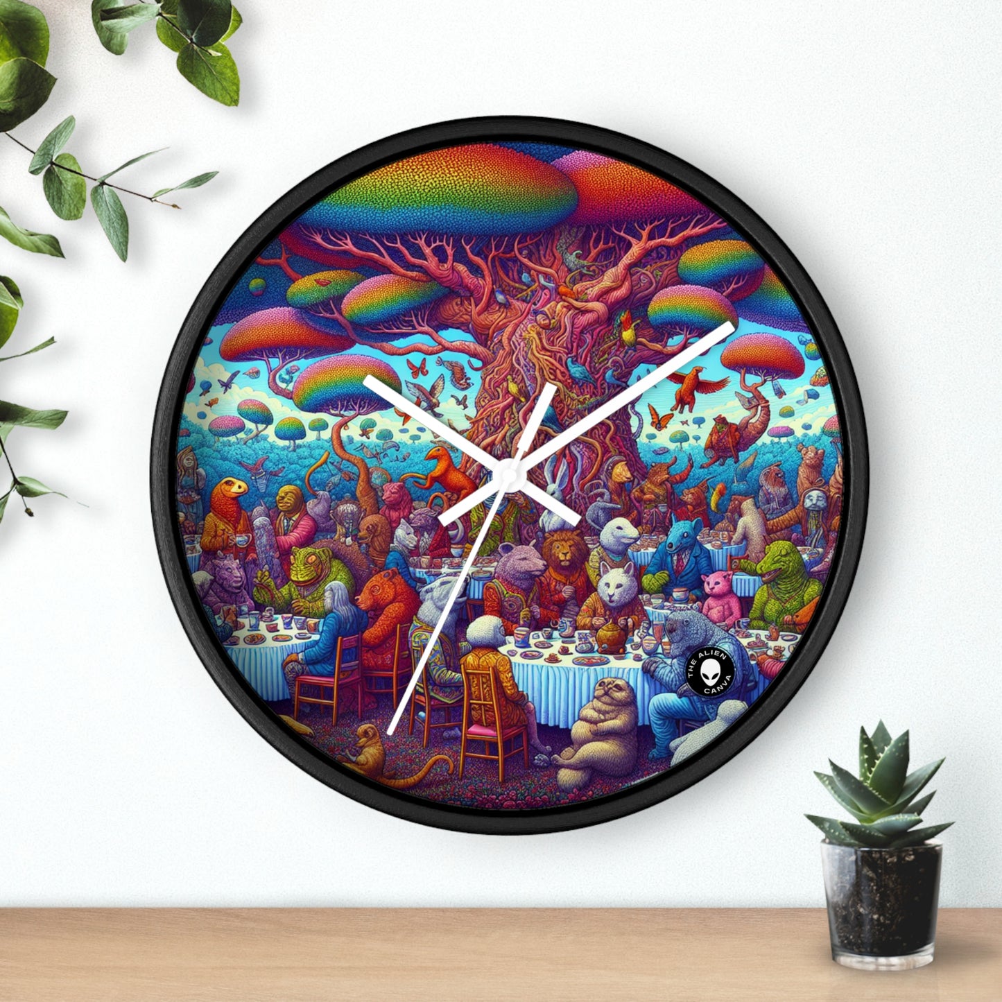 "Animal Tea Party in a Rainbow Wonderland" - The Alien Wall Clock