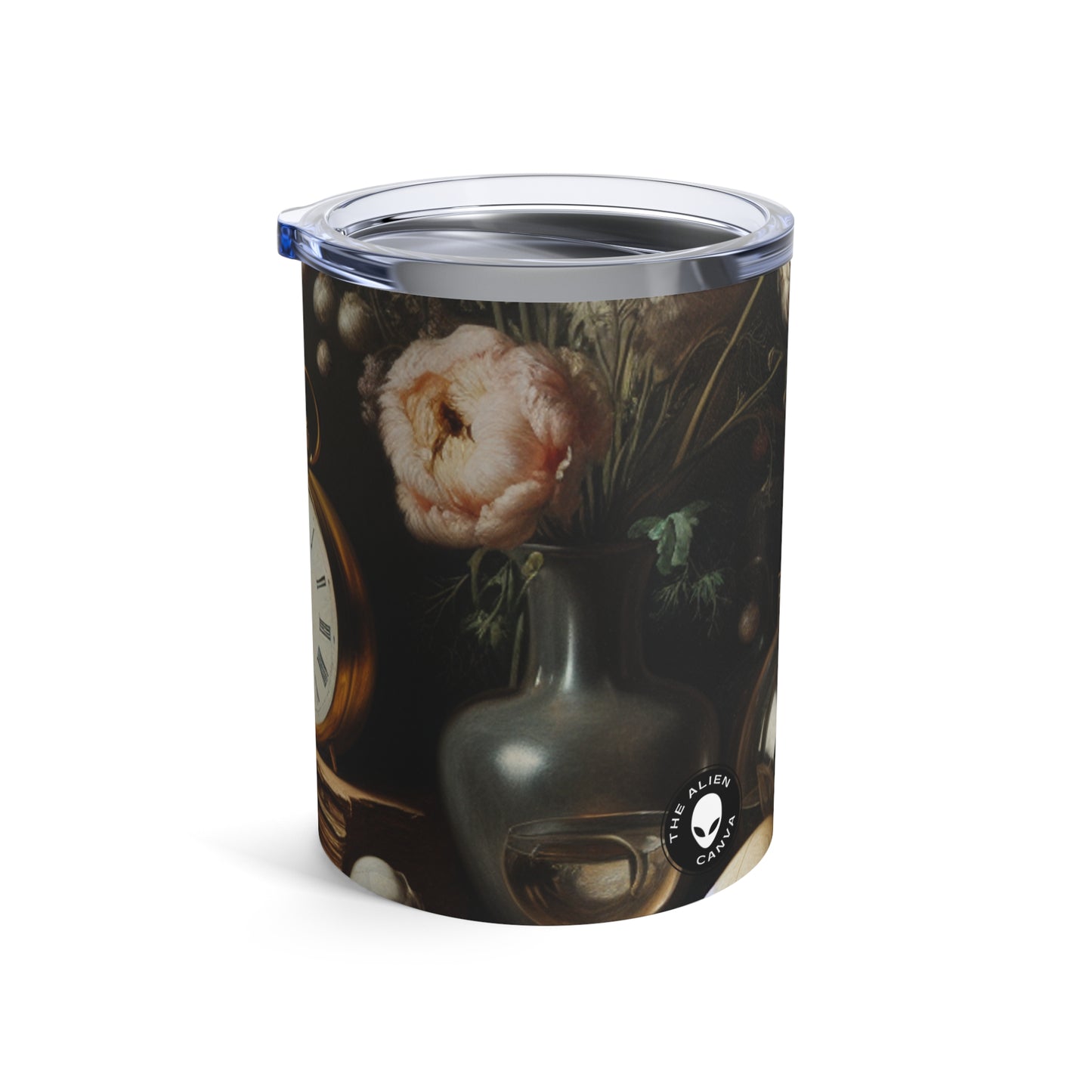 « Dégradation numérique : une vanité contemporaine examinant le consumérisme au 21e siècle » - The Alien Tumbler 10oz Vanitas Painting