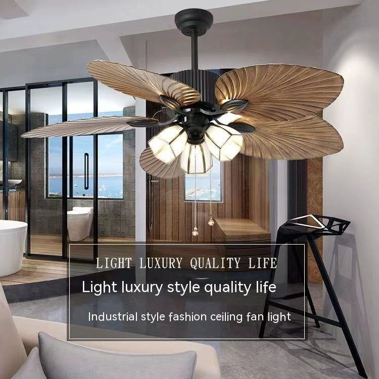 Living Room Southeast Asia Frequency Conversion Mute Fan-style Ceiling Lamp Home Integrated Retro Ceiling Fan Lights