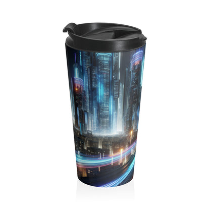 "Paisajes nocturnos de neón: una aventura urbana futurista" - Taza de viaje de acero inoxidable The Alien