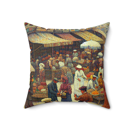 "Dots of Paradise: Capturing a Sunny Beachscape with Pointillism"- The Alien Spun Polyester Square Pillow Pointillism