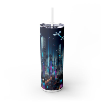 "Paisaje urbano del futuro: un horizonte de coches voladores y luces de neón" - Vaso delgado con pajita de 20 oz de Alien Maars®