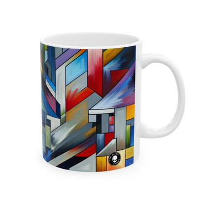 "City Pulse: Un voyage géométrique nocturne vibrant" - La tasse en céramique Alien 11oz Peinture à bords durs