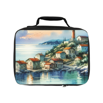 "Glimpse of a Seaside Haven" - Bolsa de almuerzo alienígena estilo pintura de acuarela