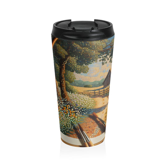 "Autumn Bliss: Pointillism Forest" - The Alien Stainless Steel Travel Mug Pointillism