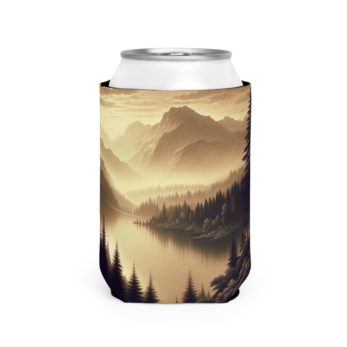 "Dawn at the Lake: A Foggy Mountain Morning" - Estilo tonalista de la funda Alien Can Cooler