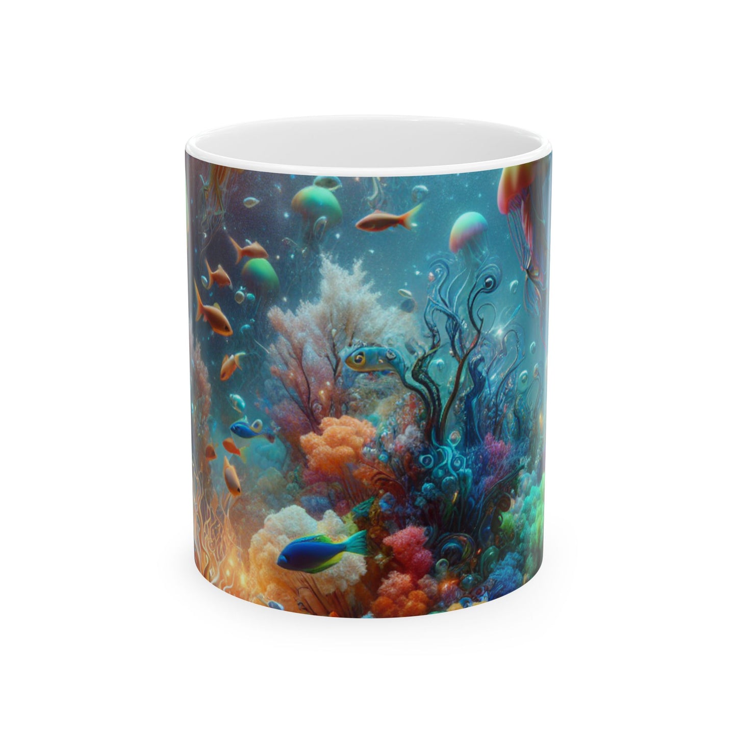 "Los peces de neón bailan en el bosque de corales" - Taza de cerámica alienígena de 11 oz