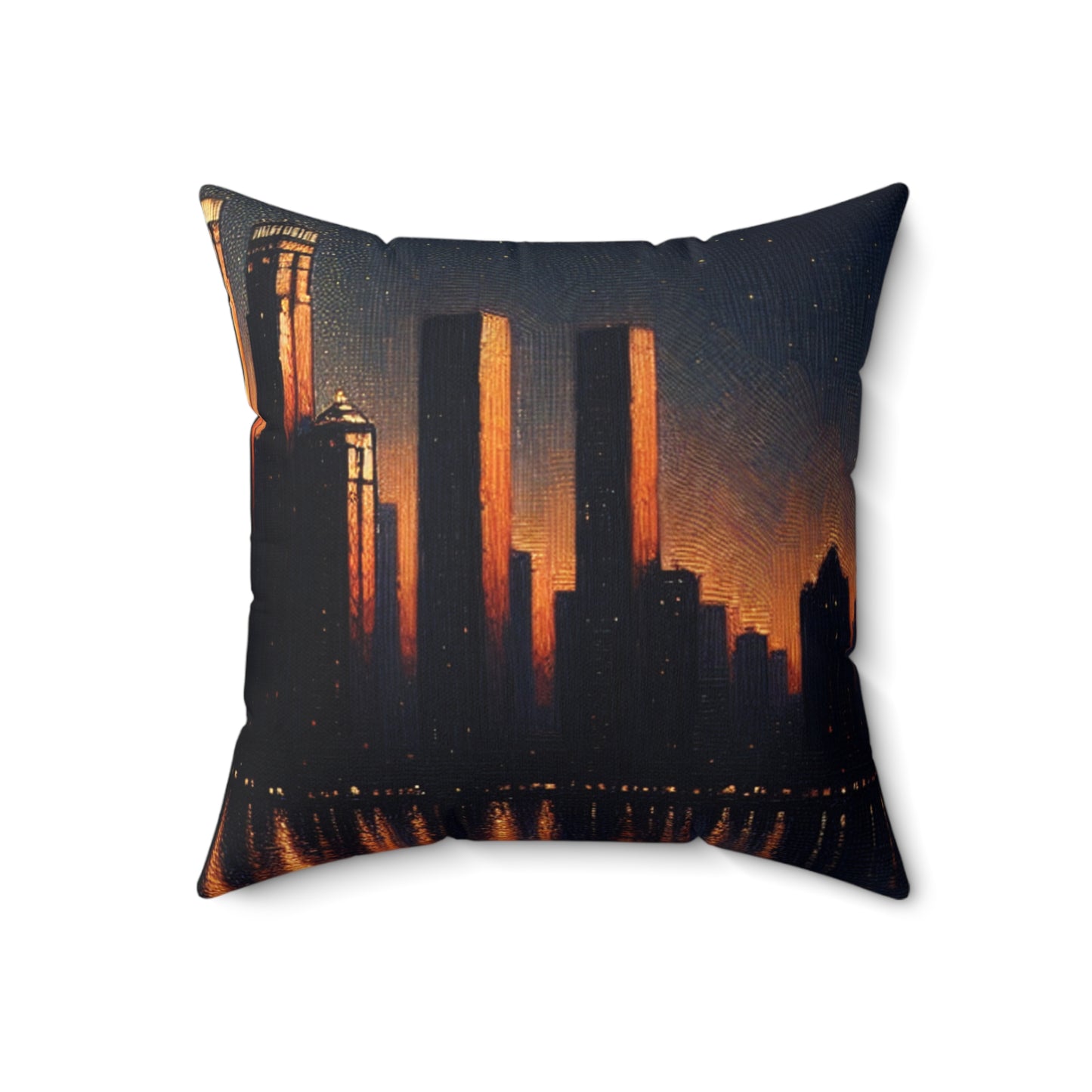 "The City Aglow" - La almohada cuadrada de poliéster hilado alienígena estilo postimpresionista