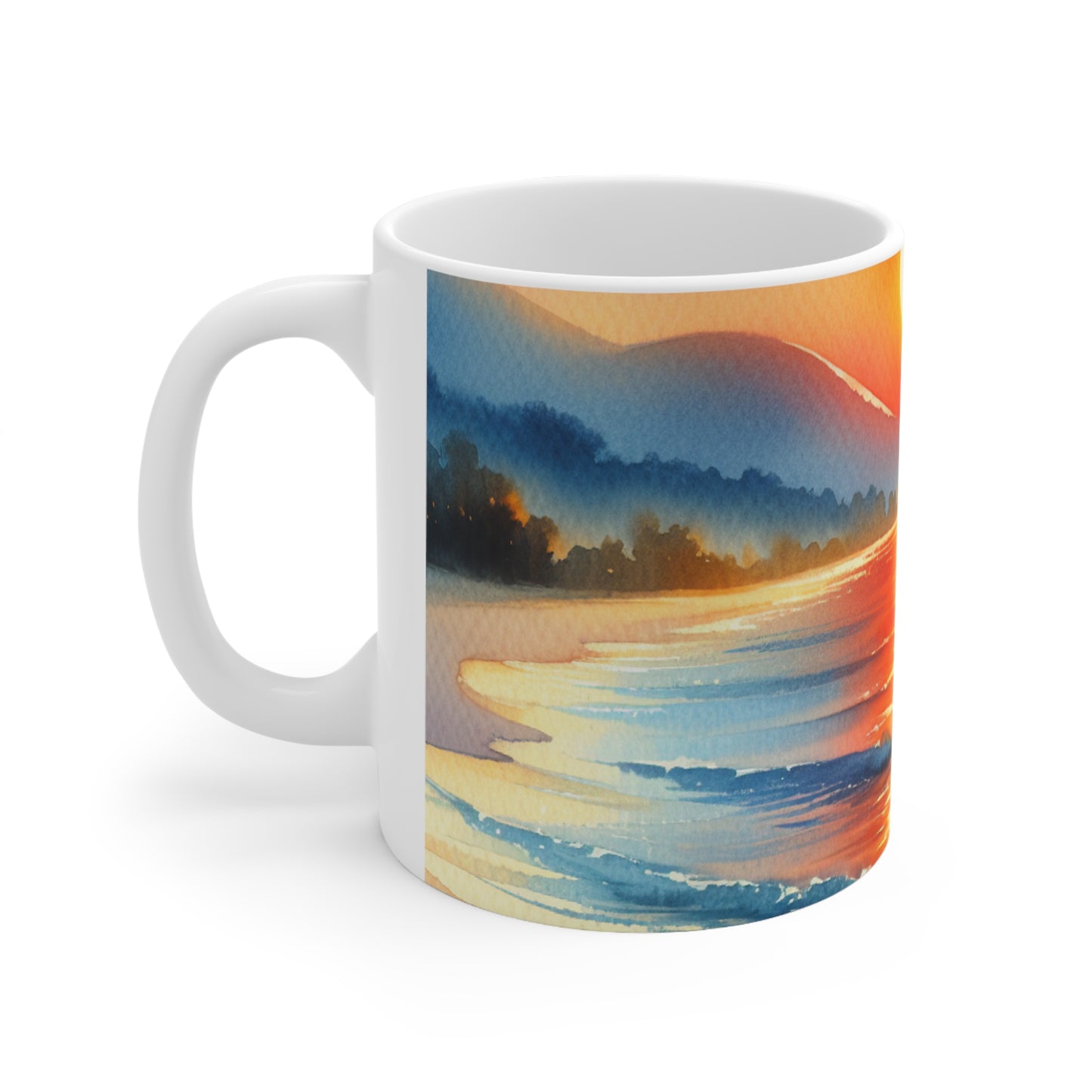 "Amanecer en la playa" - Taza de cerámica The Alien 11oz Pintura de acuarela