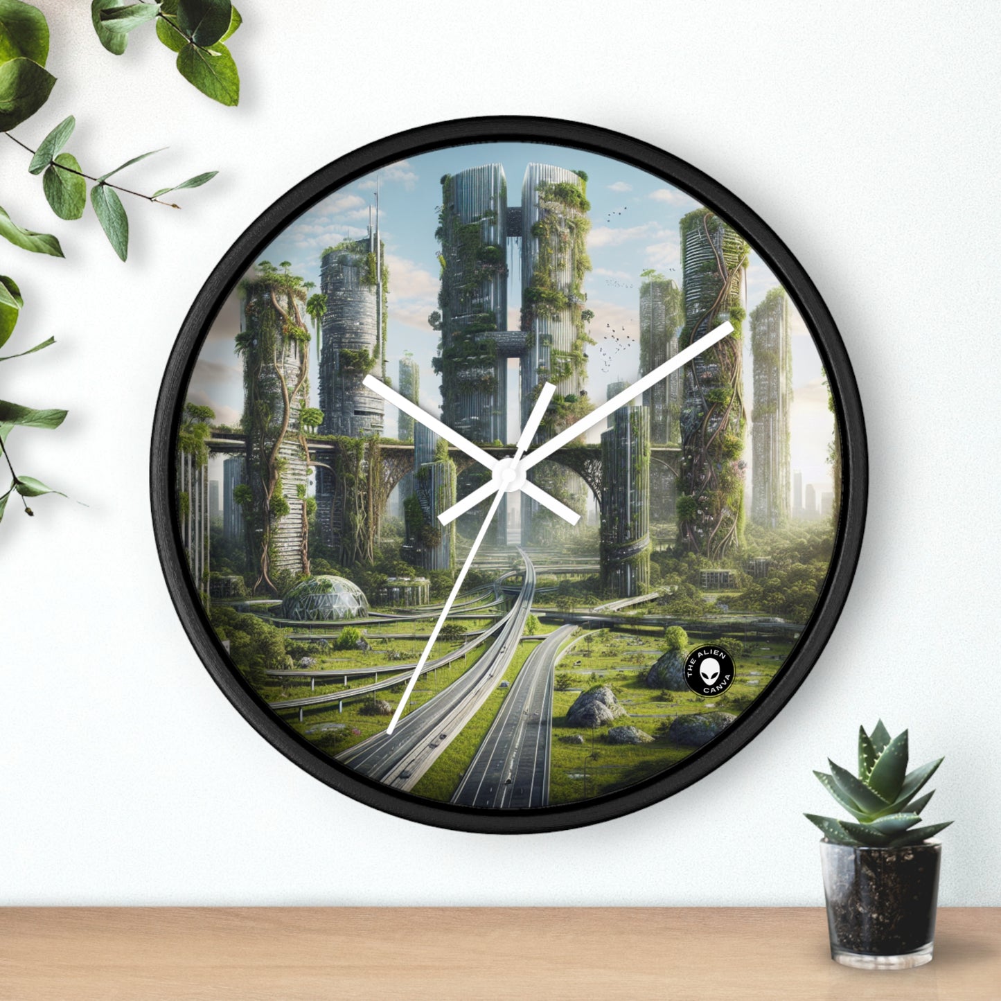 "La recuperación de la naturaleza: un paisaje urbano futurista" - El reloj de pared alienígena