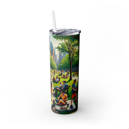 "Dotty Cityscape" - The Alien Maars® Skinny Tumbler with Straw 20oz Pointillism Style