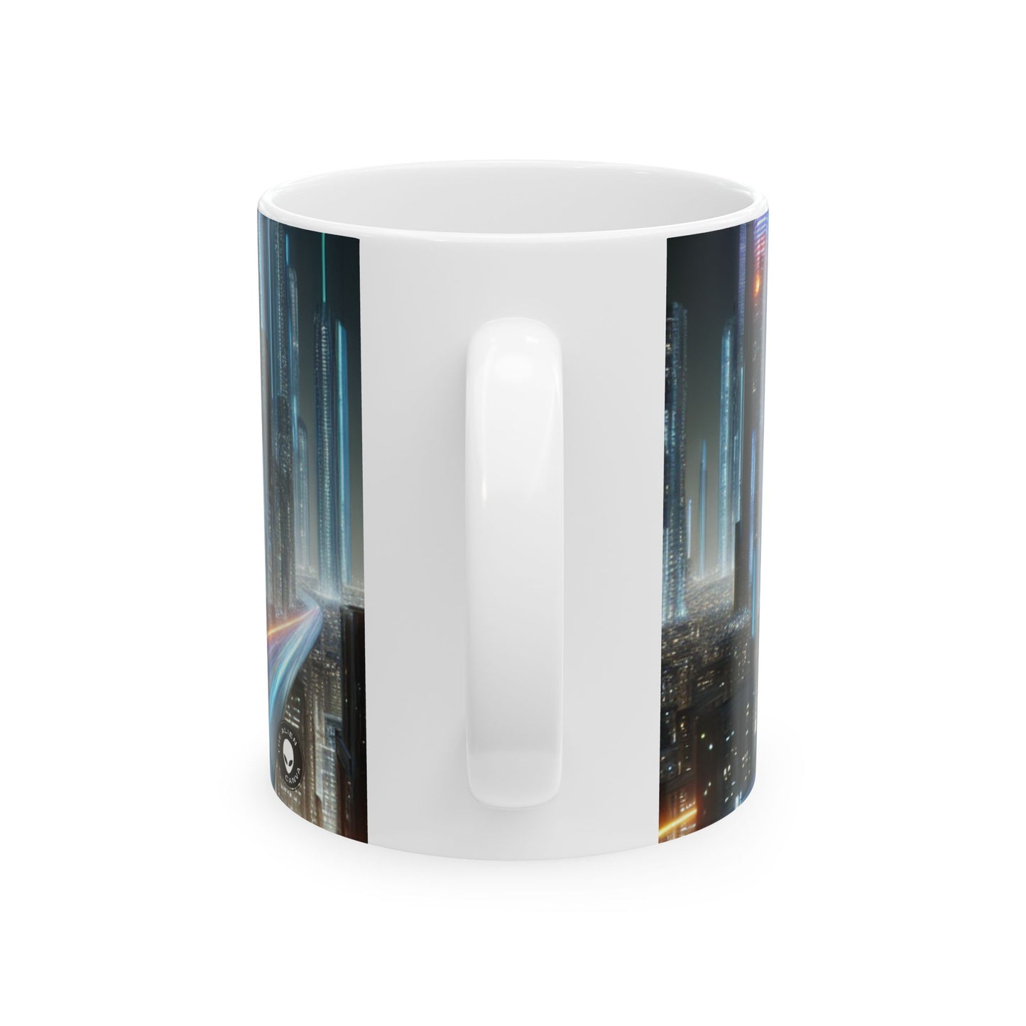 "Paisajes nocturnos de neón: una aventura urbana futurista" - Taza de cerámica alienígena de 11 oz