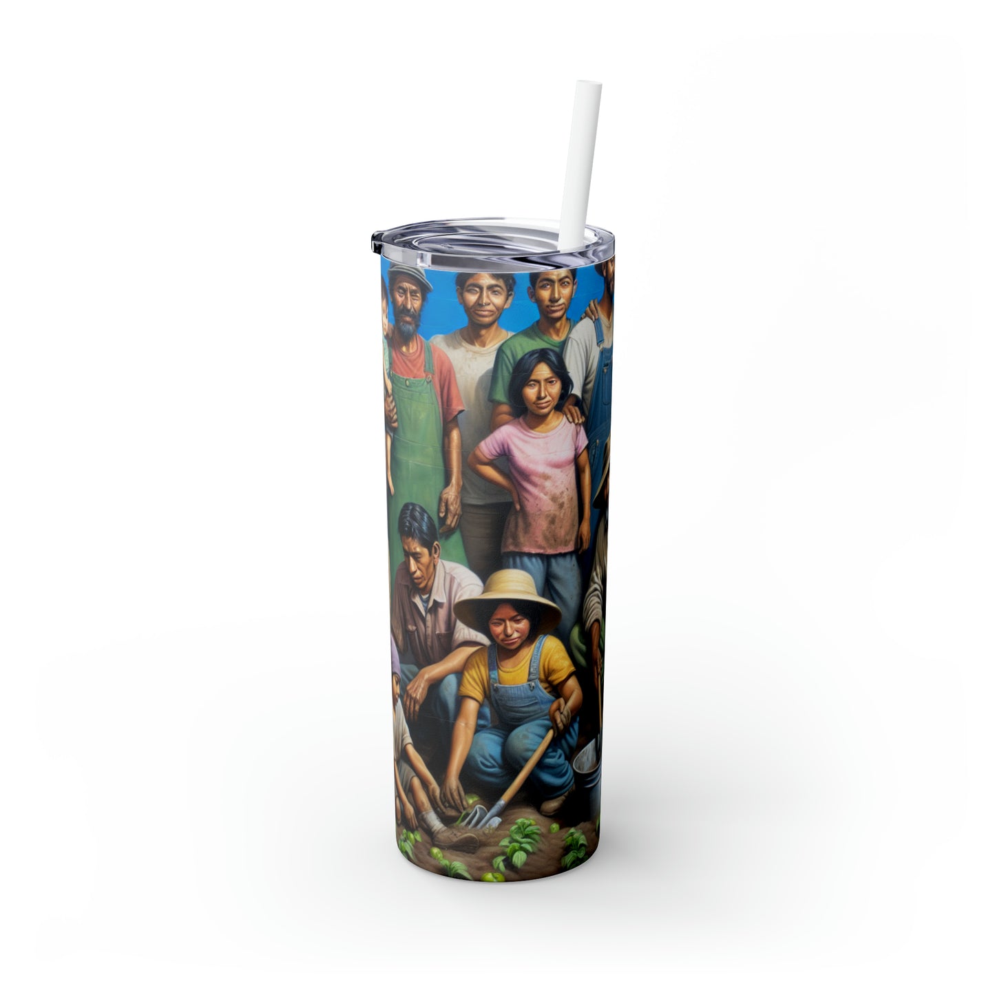 "Cosechando esperanza: una familia migrante en el jardín" - Vaso estrecho con pajita de Alien Maars®, 20 oz, estilo realismo social