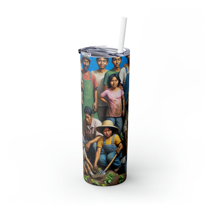 "Récolter l'espoir : une famille de migrants dans le jardin" - The Alien Maars® Skinny Tumbler avec paille 20oz Style réalisme social