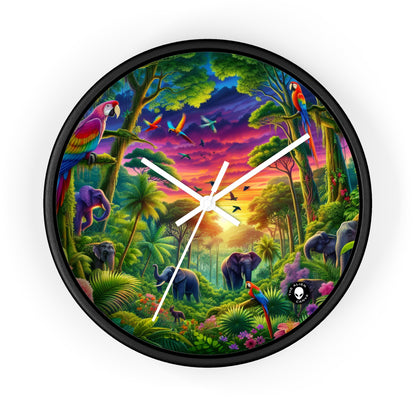 « Coucher de soleil dans la nature : une aventure dans la jungle arc-en-ciel » – L'horloge murale Alien