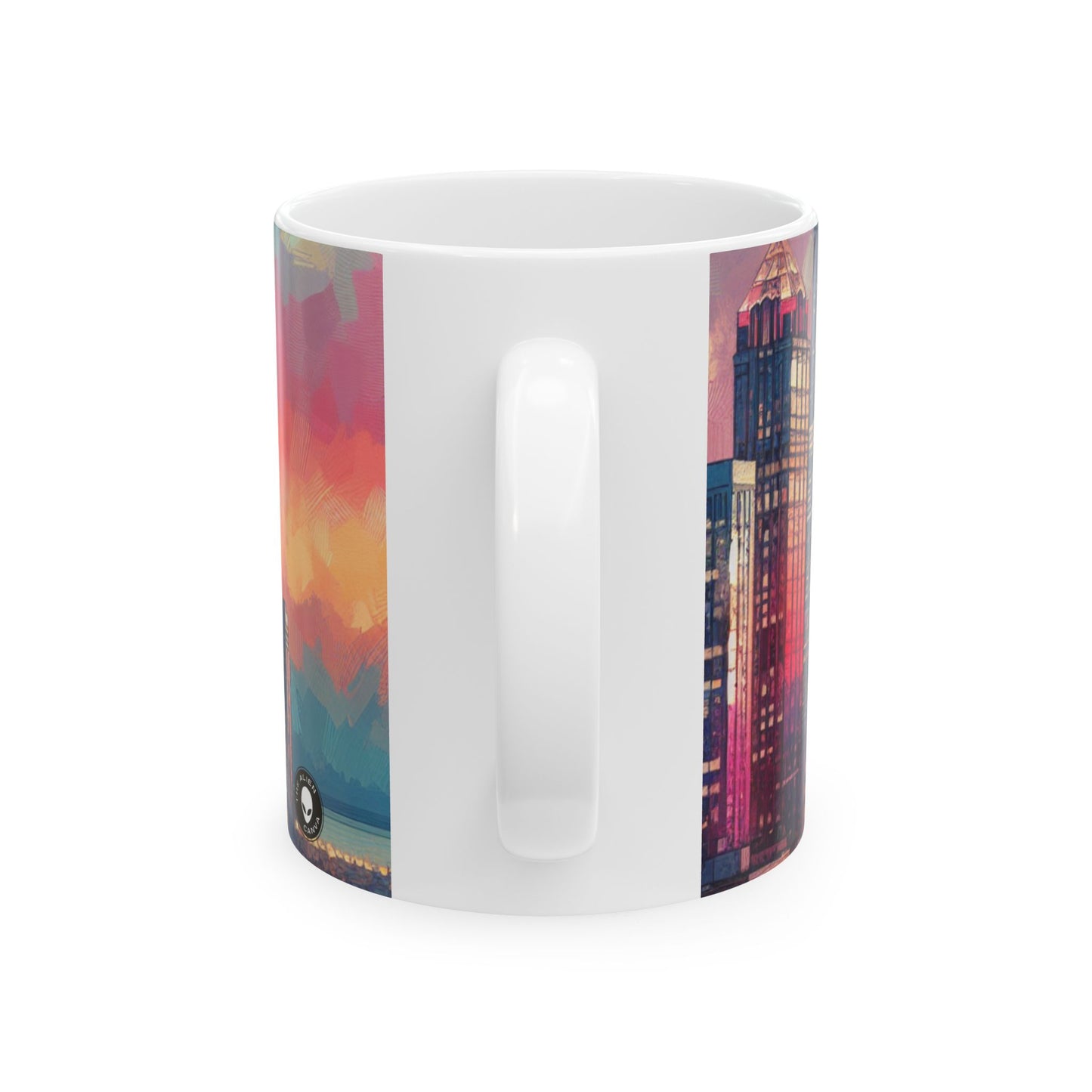 "Reflejos oscuros: horizonte de la ciudad al atardecer" - Taza de cerámica The Alien de 11 oz