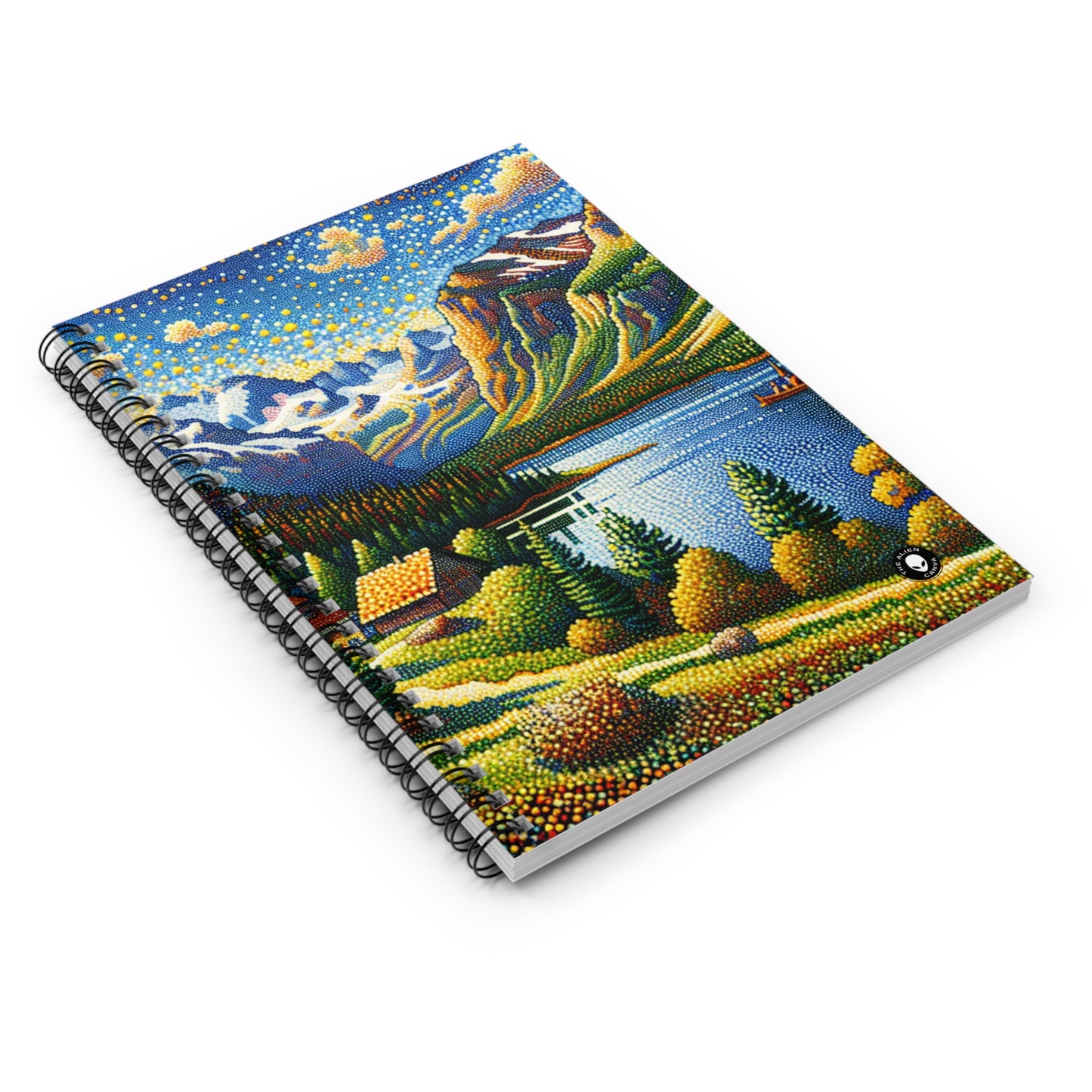 "Coucher de soleil tranquille : un chef-d'œuvre pointilliste d'une campagne sereine" - The Alien Spiral Notebook (Ruled Line) Pointillisme