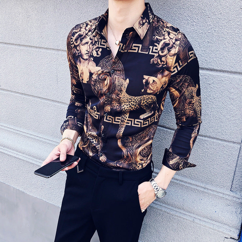 Printed long-sleeved shirt Korean fashion slim fit