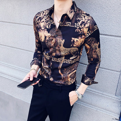 Camisa estampada de manga larga moda coreana slim fit 