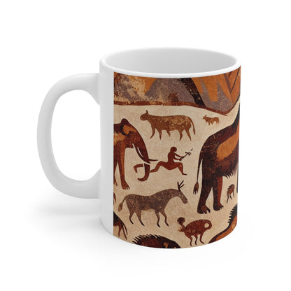 Title: "Ancient Encounter: The Battle of Giants" - The Alien Ceramic Mug 11oz Cave Painting