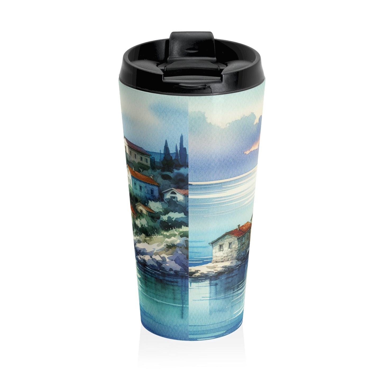 "Glimpse of a Seaside Haven" - The Alien Stainless Steel Travel Mug Watercolor Painting Style