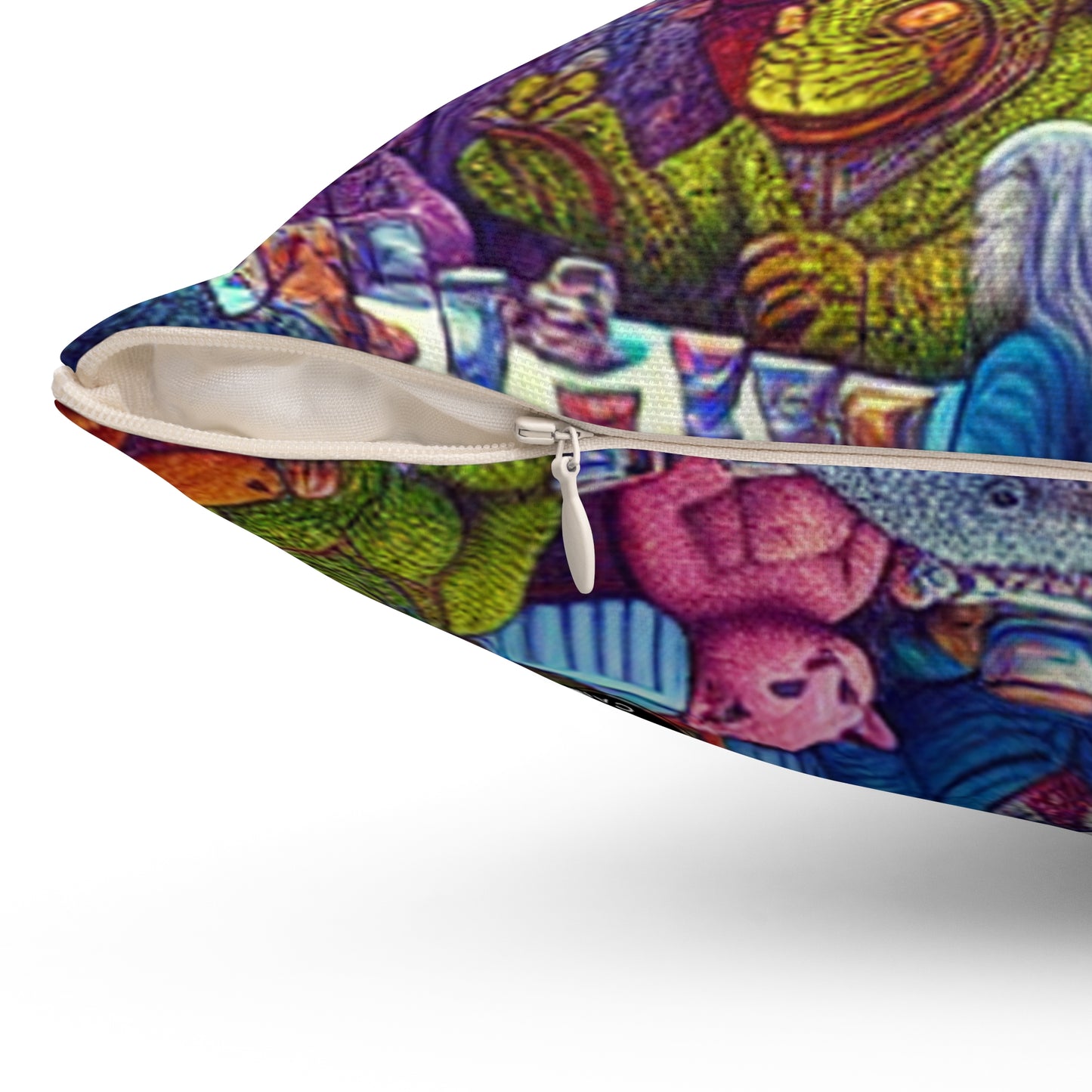 "Animal Tea Party in a Rainbow Wonderland"- The Alien Spun Polyester Square Pillow