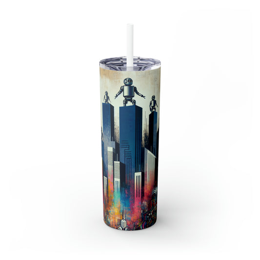 "Robotic Cityscape: A Futuristic Mural" - The Alien Maars® Skinny Tumbler with Straw 20oz Street Art / Graffiti