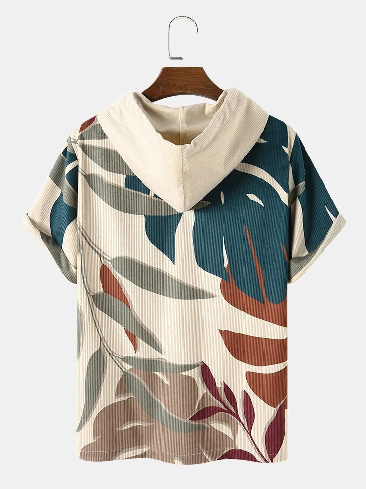 Camiseta con capucha de manga corta informal de pana con estampado de plantas tropicales para hombre de primavera y verano