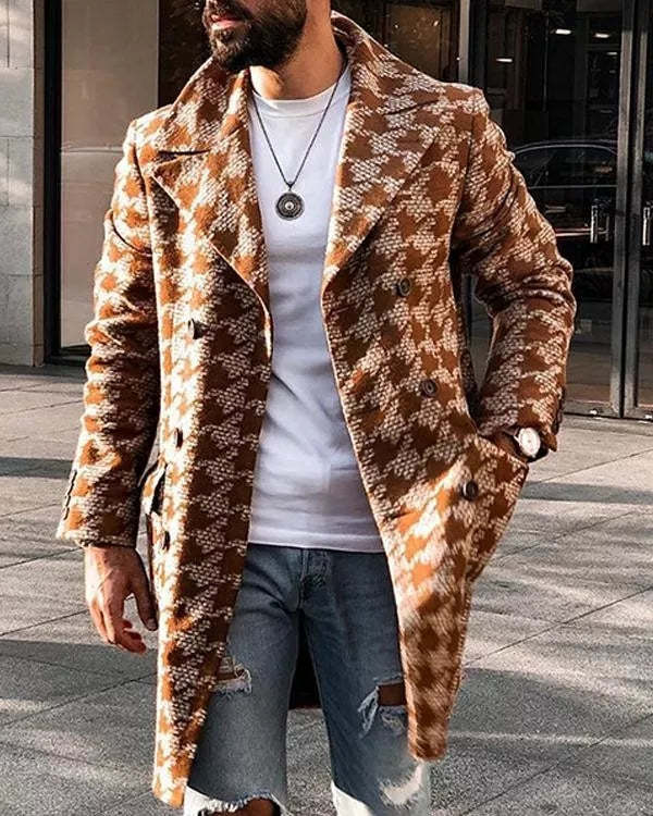 abrigo de hombre estampado de moda con cuello de traje de longitud media de invierno