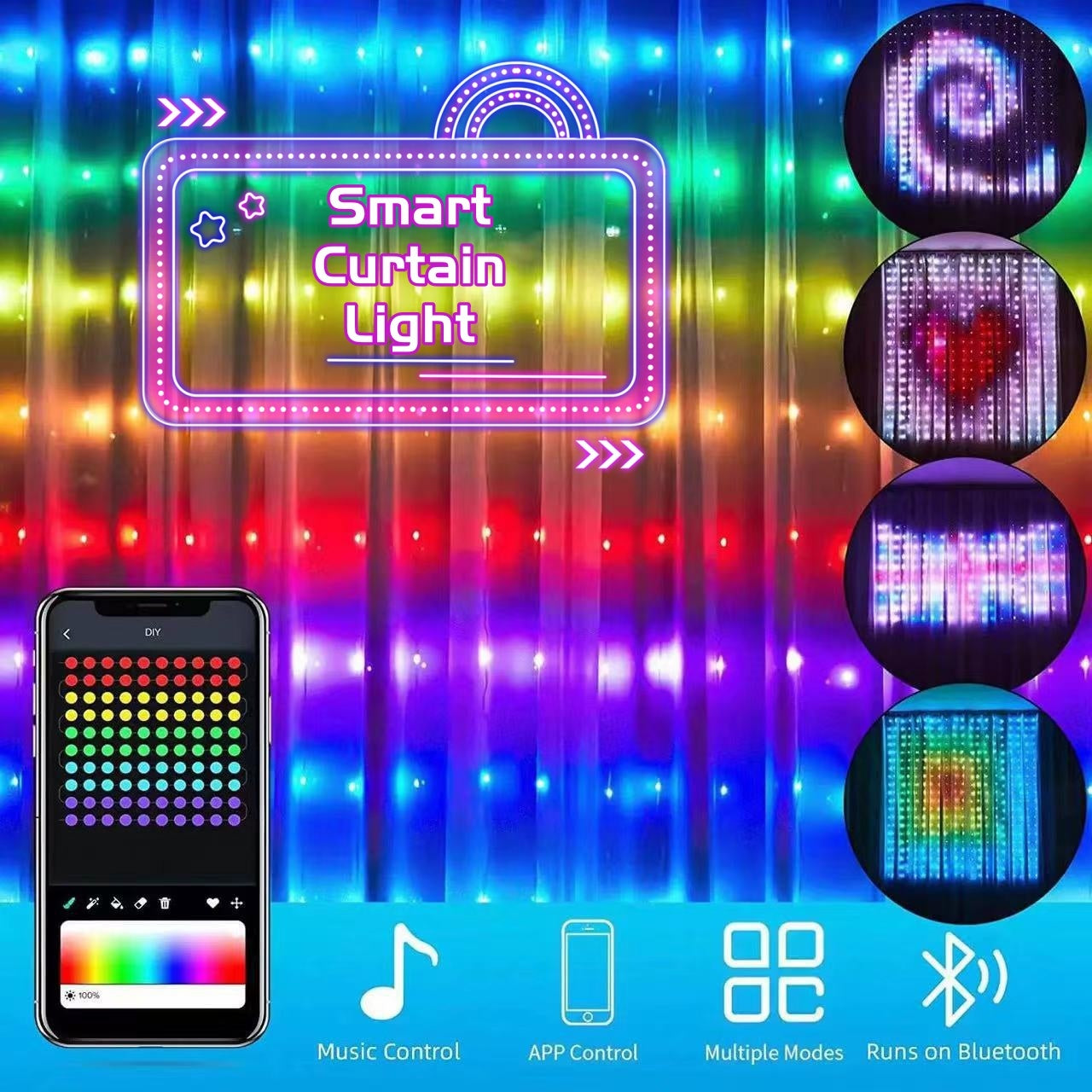 Smart LED RGB Curtain String Lights Bluetooth APP Control Christmas Fairy Light Garland DIY Picture Display Party Wedding Decor