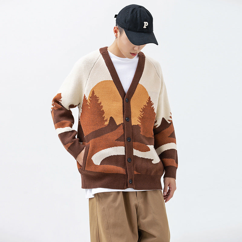 Men's Outdoor Forest Landscape Printed Cardigan V-neck Casual Sweater