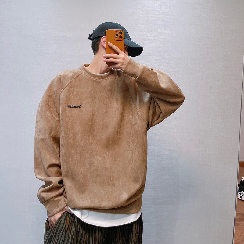 Letter Printed Deerskin Cashmere Crewneck Sweater