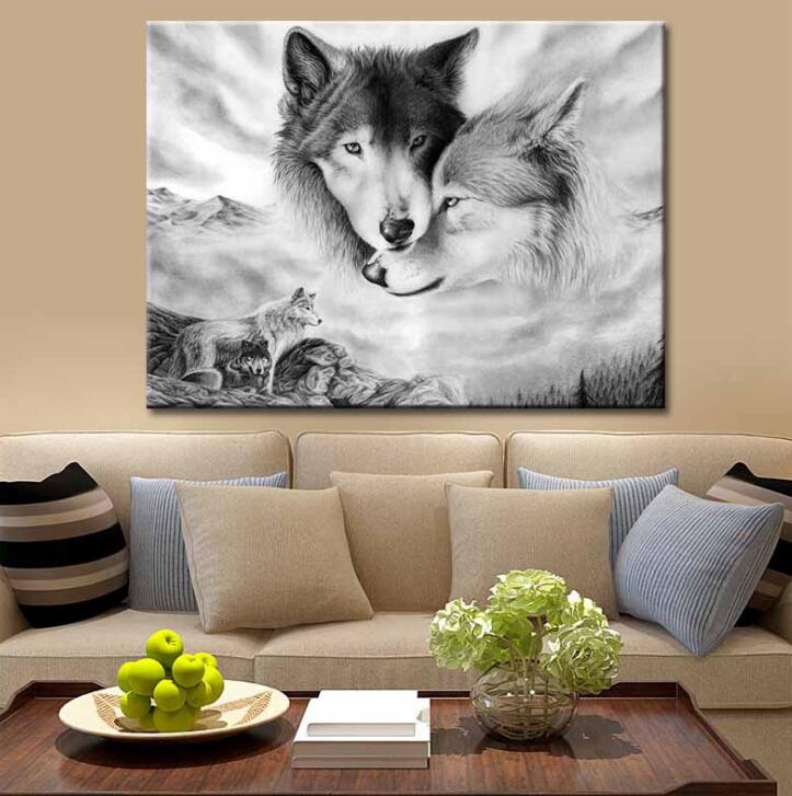 Póster moderno con estampado de lobo blanco y negro, pintura en lienzo