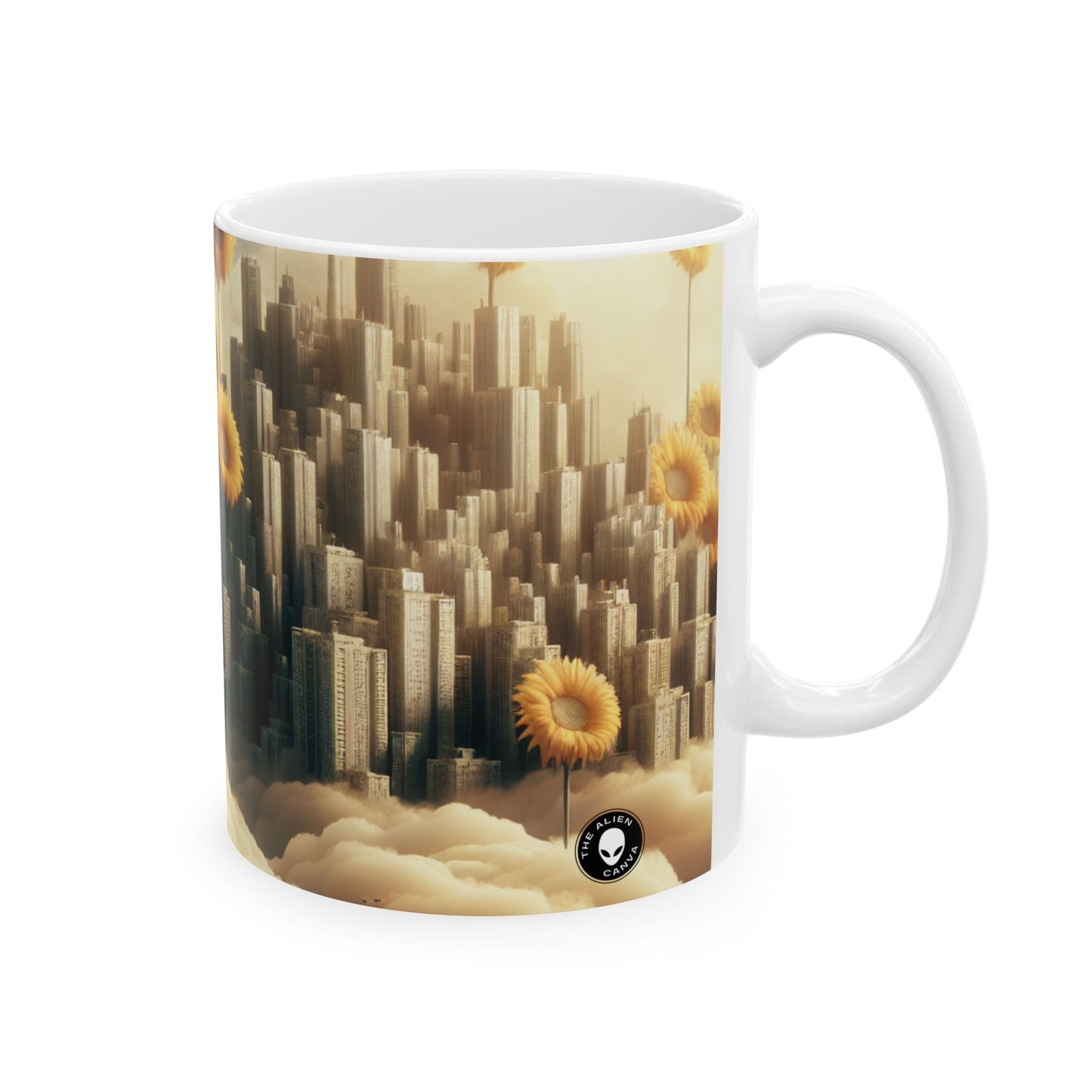 "Cielo Etéreo: La Ciudad de las Nubes y los Girasoles" - Taza de Cerámica Extraterrestre 11oz