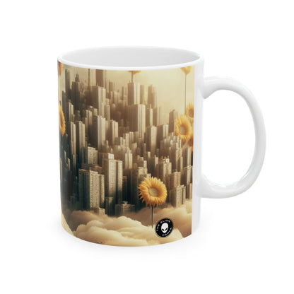 « Ciel éthéré : la ville des nuages ​​et des tournesols » – Tasse en céramique Alien 11 oz