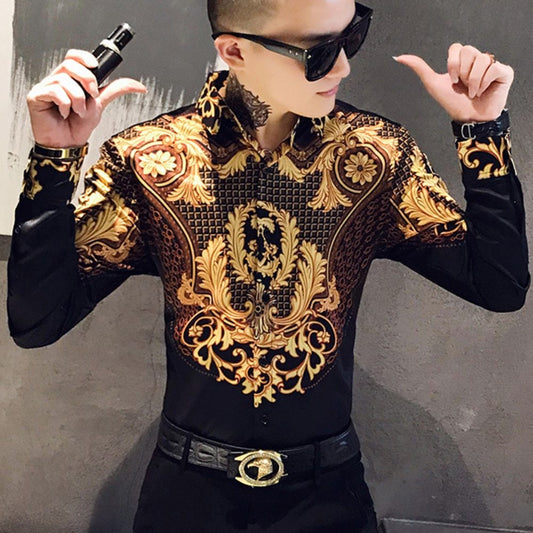 Spring and autumn new men's printed long-sleeved shirt slim shirt