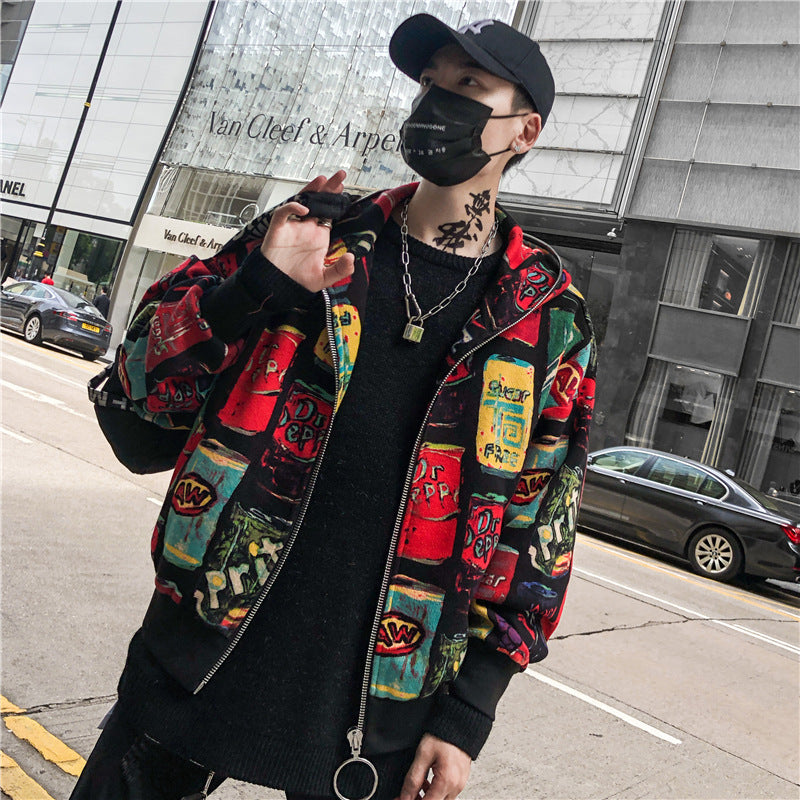 Printed Cardigan Jacket High Street Hip Hop Men's Loose Hooded Jacket