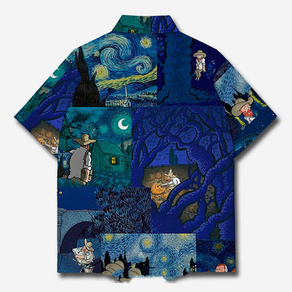 Camisa de manga corta con arte de costura de campo de trigo de cielo estrellado