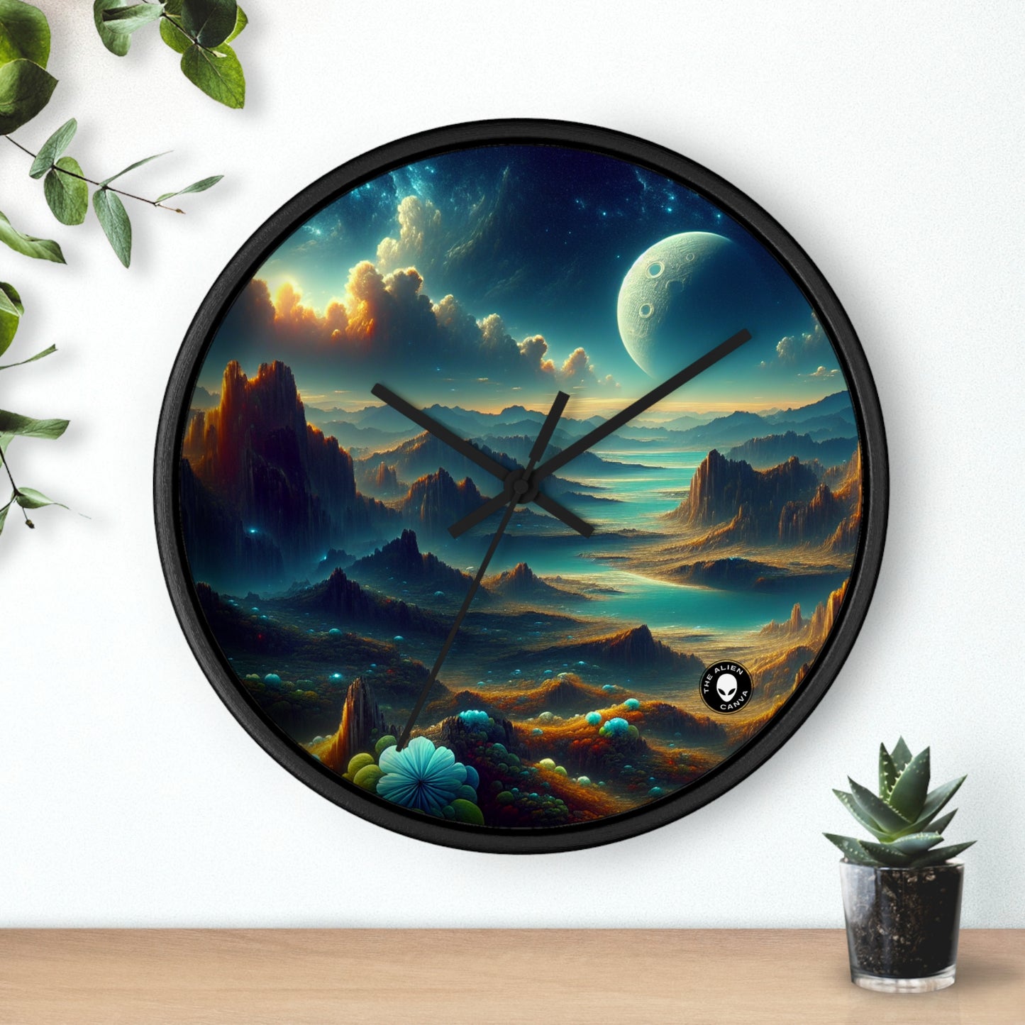 "Un Sueño Extraño: Un Mundo Desconocido en Detalle" - The Alien Wall Clock planetas no descubiertos en estilo hiperrealista