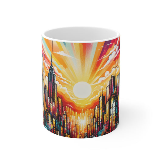 "Cityscape Sunrise" - Taza de cerámica alienígena de 11 oz estilo arte callejero/graffiti